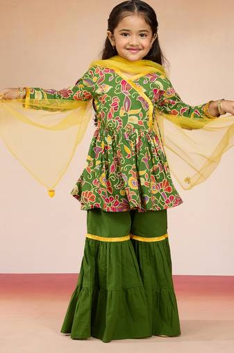 Cotton cambric kurta set with sharara for girls | green yellow | navratri