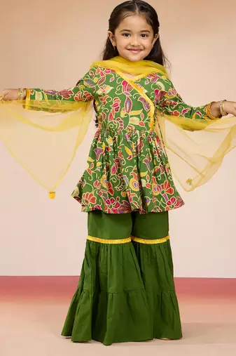 Cotton cambric kurta set with sharara for girls | green yellow | navratri