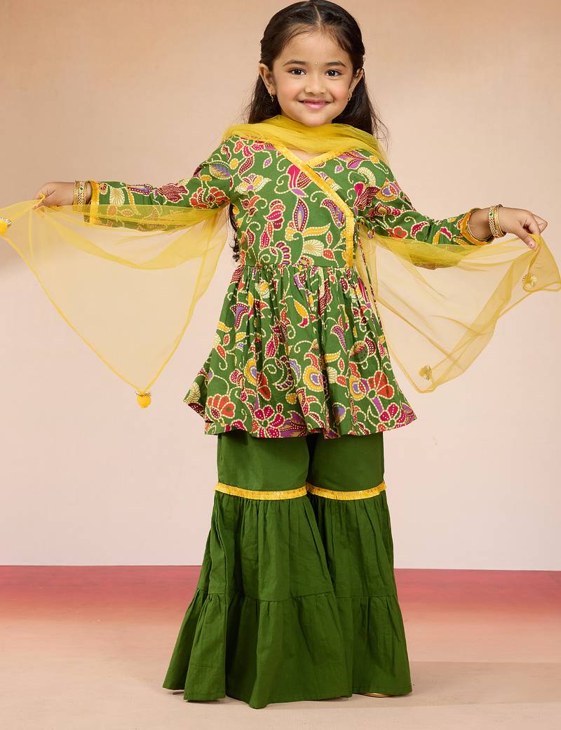 Cotton cambric kurta set with sharara for girls | green yellow | navratri