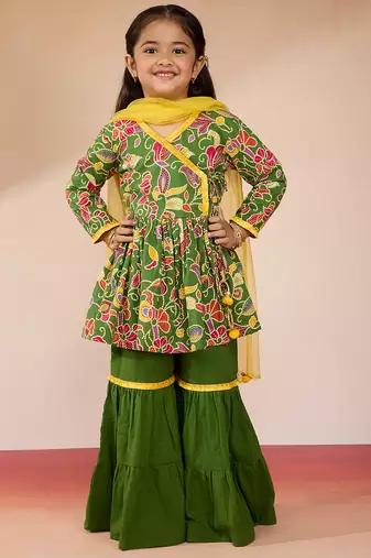 girls green cotton sharara dress with dupatta