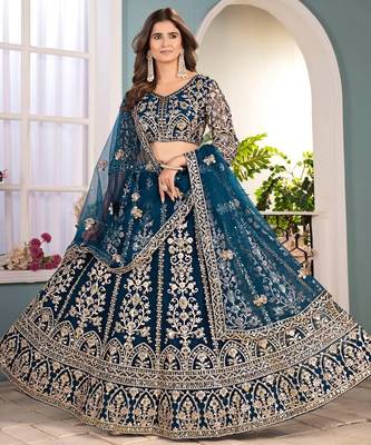 teal Blue Embroidered Lehenga\ 1