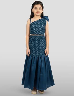 girls turquoise georgette lehenga choli with sequin work 3
