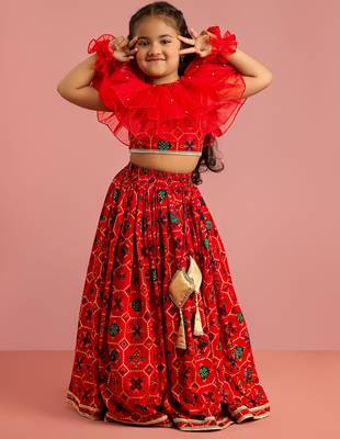 girls red rayon lehenga choli with patola print 1