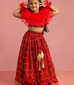 girls red rayon lehenga choli with patola print