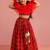girls red printed rayon patola lehenga choli set with ruffles & ruffled hand gloves