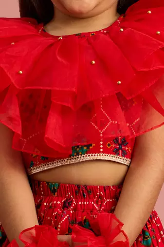 girls red rayon lehenga choli with patola print