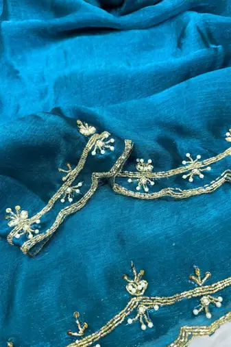 teal satin handwork saree with designer pallu