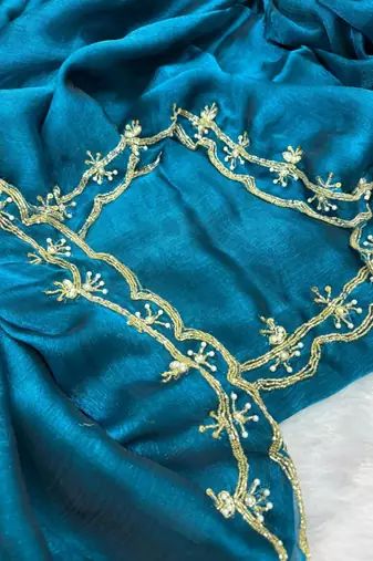 teal satin handwork saree with designer pallu