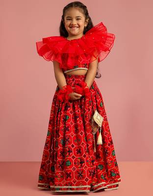 girls red rayon lehenga choli with patola print 3
