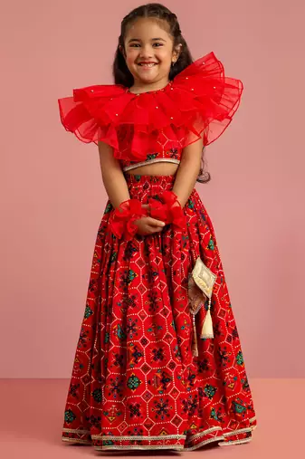 girls red rayon lehenga choli with patola print