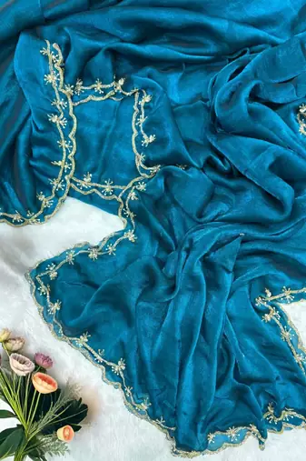 Teal Color satin Handwork Saree