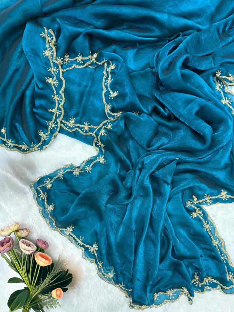 Teal Color satin Handwork Saree