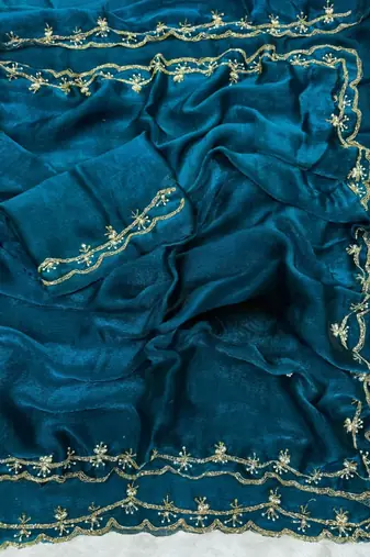 teal satin handwork saree with designer pallu