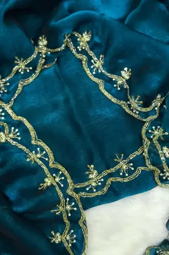 teal satin handwork saree with designer pallu