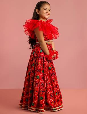 girls red rayon lehenga choli with patola print 4