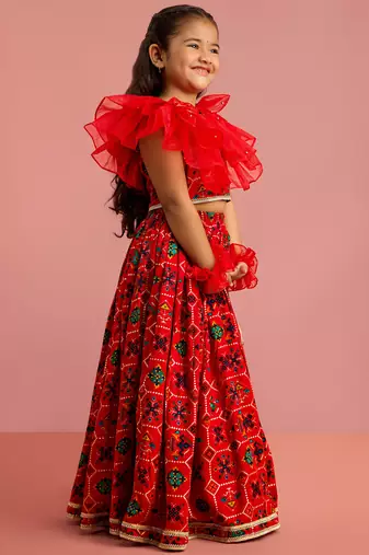 girls red rayon lehenga choli with patola print
