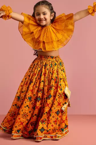 girls mustard printed rayon patola lehenga choli set with ruffles & ruffled hand gloves
