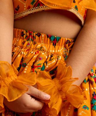 girls mustard rayon lehenga choli with ruffles 2