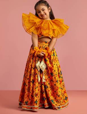 girls mustard rayon lehenga choli with ruffles 3