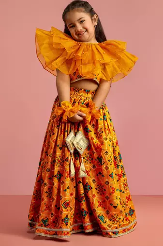 girls mustard rayon lehenga choli with ruffles
