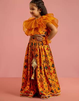 girls mustard rayon lehenga choli with ruffles 4