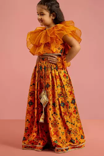 girls mustard rayon lehenga choli with ruffles
