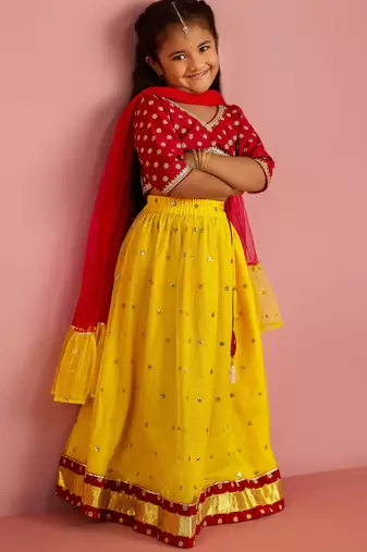 girls falsa floral foil printed net lehenga choli set with organza look dupatta