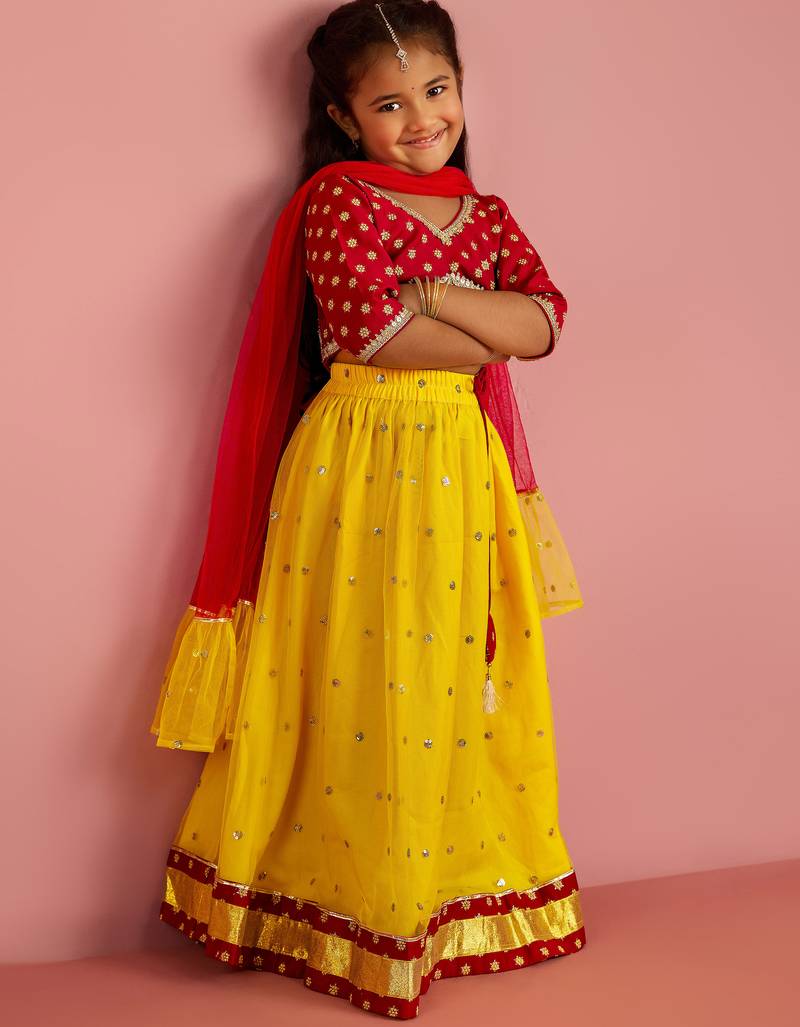 girls falsa floral foil printed net lehenga choli set with organza look dupatta