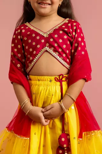 girls falsa floral foil printed net lehenga choli set with organza look dupatta