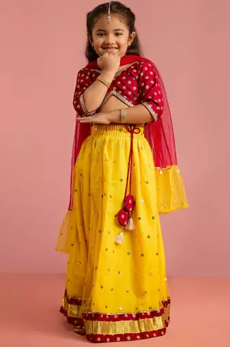 girls falsa floral foil printed net lehenga choli set with organza look dupatta
