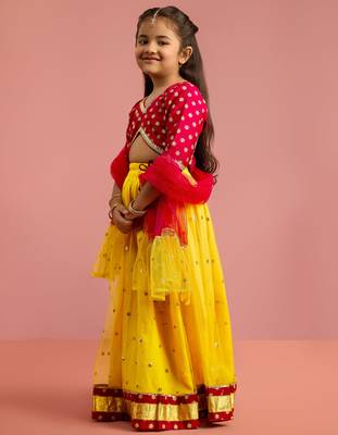 girls falsa floral foil printed net lehenga choli set with organza look dupatta 4