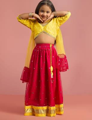 girls floral foil printed net lehenga choli set with organza look dupatta 3