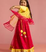 girls red net lehenga choli with foil print