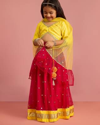 girls red net lehenga choli with foil print 4
