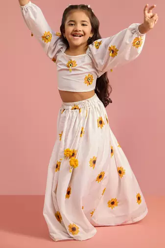 girls white digital floral printed poly muslin lehenga choli set with square neck cropped top