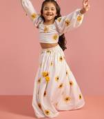 girls white poly muslin lehenga choli with floral print