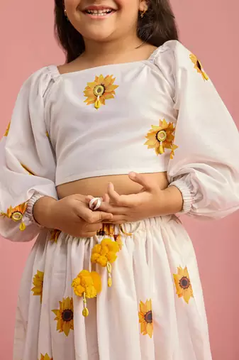 girls white poly muslin lehenga choli with floral print