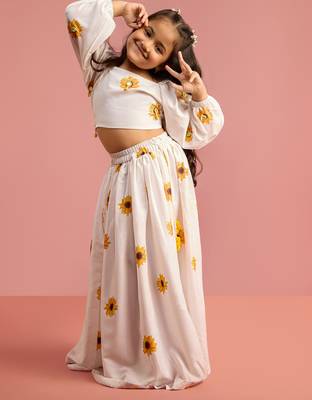 girls white poly muslin lehenga choli with floral print 3