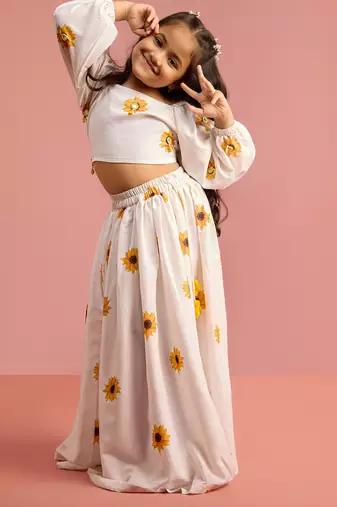 girls white poly muslin lehenga choli with floral print