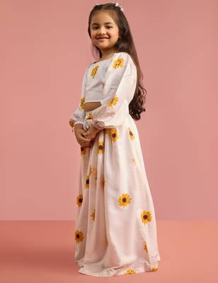 girls white poly muslin lehenga choli with floral print 4
