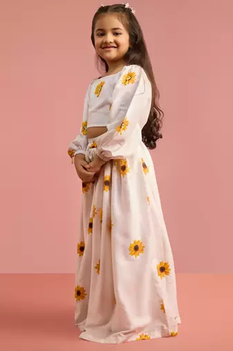 girls white poly muslin lehenga choli with floral print