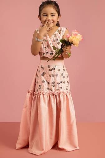 girls peach embroidered silk blend sleeveless cropped lehenga choli set with sequin yoke dupatta