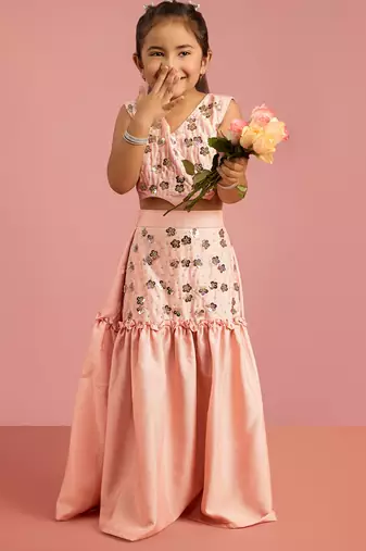 girls peach embroidered silk blend sleeveless cropped lehenga choli set with sequin yoke dupatta