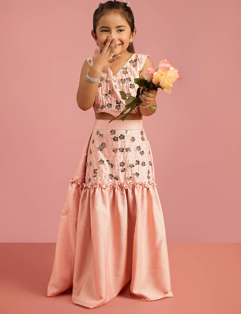 girls peach embroidered silk blend sleeveless cropped lehenga choli set with sequin yoke dupatta