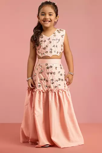 girls peach silk lehenga choli with embroidery