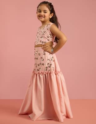 girls peach silk lehenga choli with embroidery 4