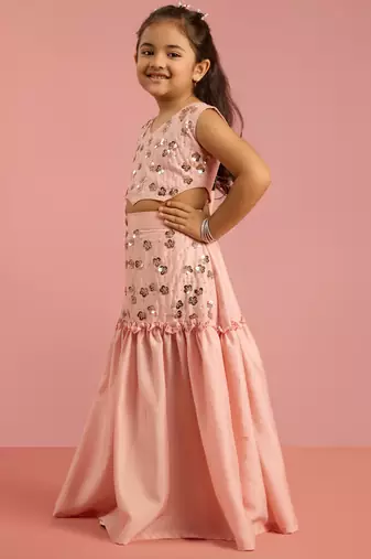 girls peach silk lehenga choli with embroidery