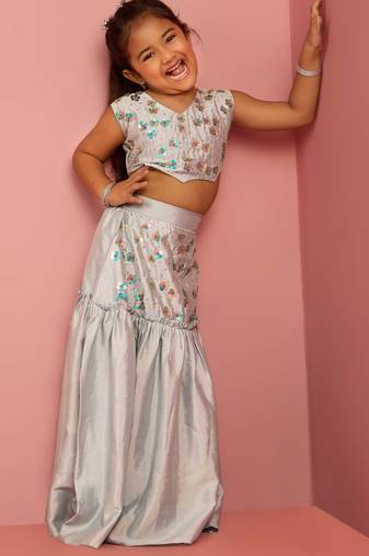 girls aqua blue silk lehenga choli with embroidery