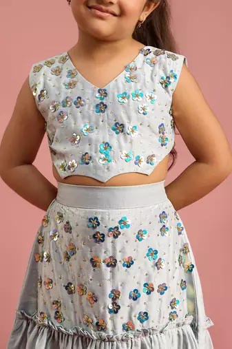 girls aqua blue silk lehenga choli with embroidery