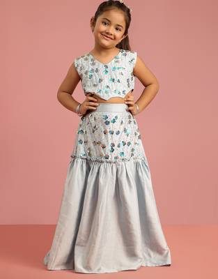 girls aqua blue silk lehenga choli with embroidery 3